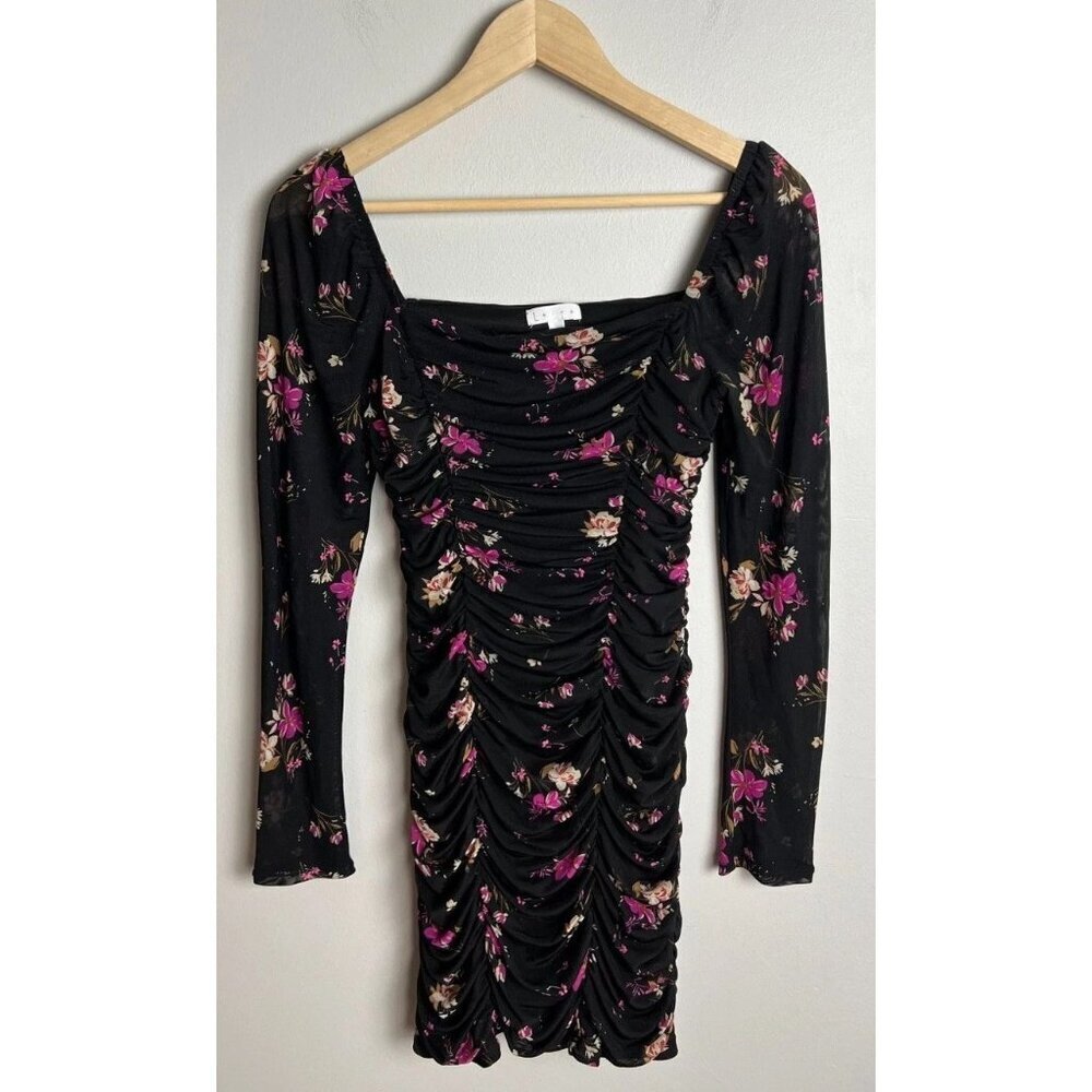 Leith Ruched Floral Mini Dress Black Pink Long Sleeve Mesh Size Medium Women’s